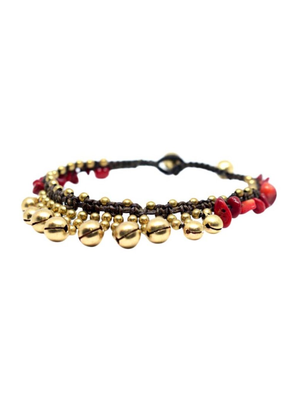 Boho Brass Bells & Waxed Cord Stackable Bracelet Artisan Ethnic